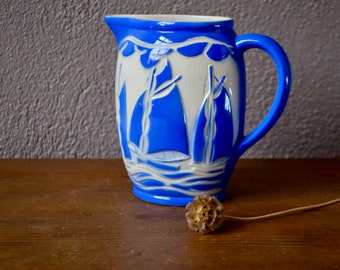 Pitcher or broc blue and white Earthenware boat Saint Clement vintage ceramic, art deco and boho spirit