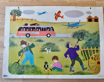 Wall poster poster vintage children's room. Harvests and planes Fernand Nathan Boho and vintage style