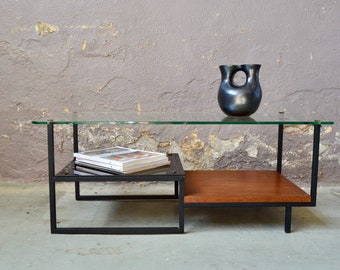 Table basse en verre teck Georges Frydman EFA  design moderniste France 1950