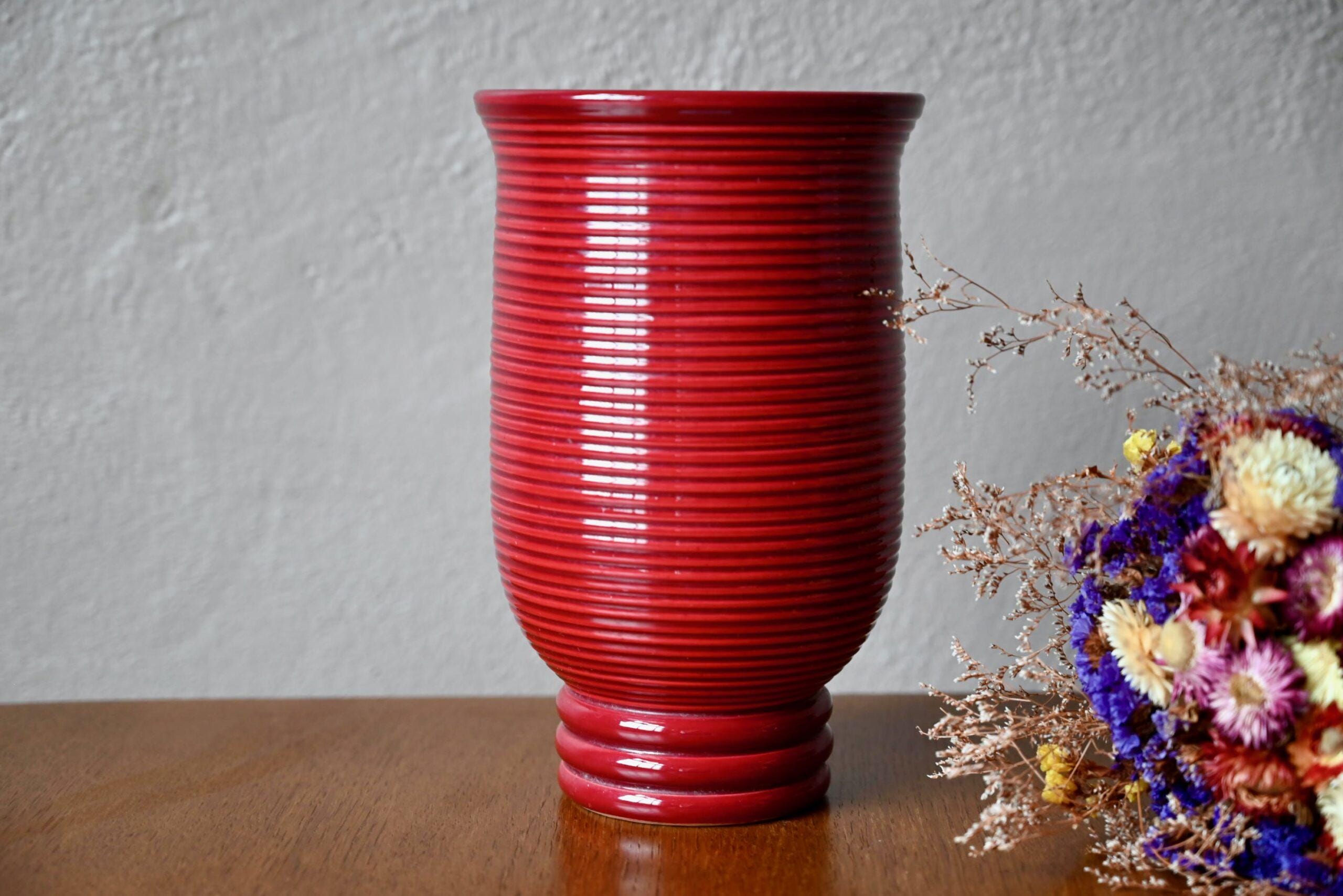 Large Elchinger Ceramic Red Ringed Vase in Vintage & Boho Art Deco Style