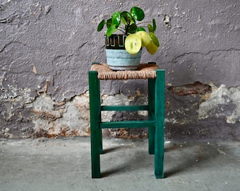 Boho farm stool in wood and straw vintage and country chic style nightstand bedside sofa ends