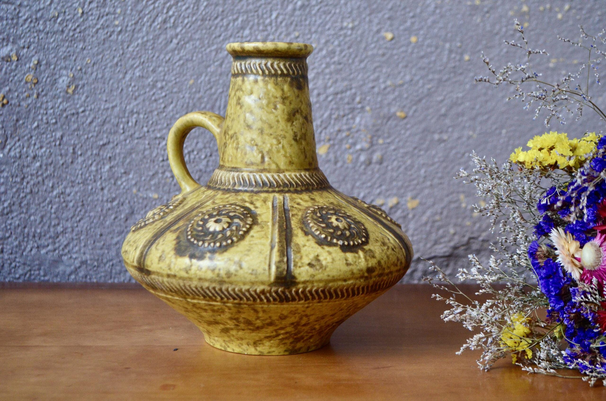 Large Vase With Handle Signed Jasba, Vintage & Brutalist Ethnic Decoration