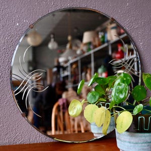 May include: A round, silver-framed mirror with a decorative etched design. The mirror is reflecting a room with shelves and various objects. A green plant is in the foreground.