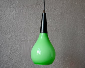 Chandelier or pendant lamp Drop in green glass Midcentury and modernist vintage style