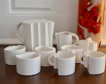 Tea or coffee set in white ceramic vintage modernist minimalist design