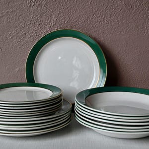 Antique French boho tableware: Set of antique earthenware dinner plates, soup plates and dessert plates, HBCM Creil and Montereau service