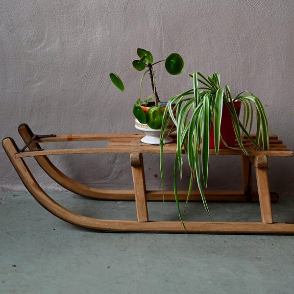 May include: A vintage wooden sledge holds two potted plants. One plant has round green leaves, the other has long, striped green leaves. The sledge is made of light brown wood and sits on a grey surface.