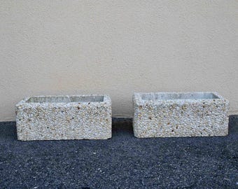 Par de jardineras de hormigón y guijarros, juego de 2 jardineras de cemento y hormigón, estilo brutalista bohemio y campestre