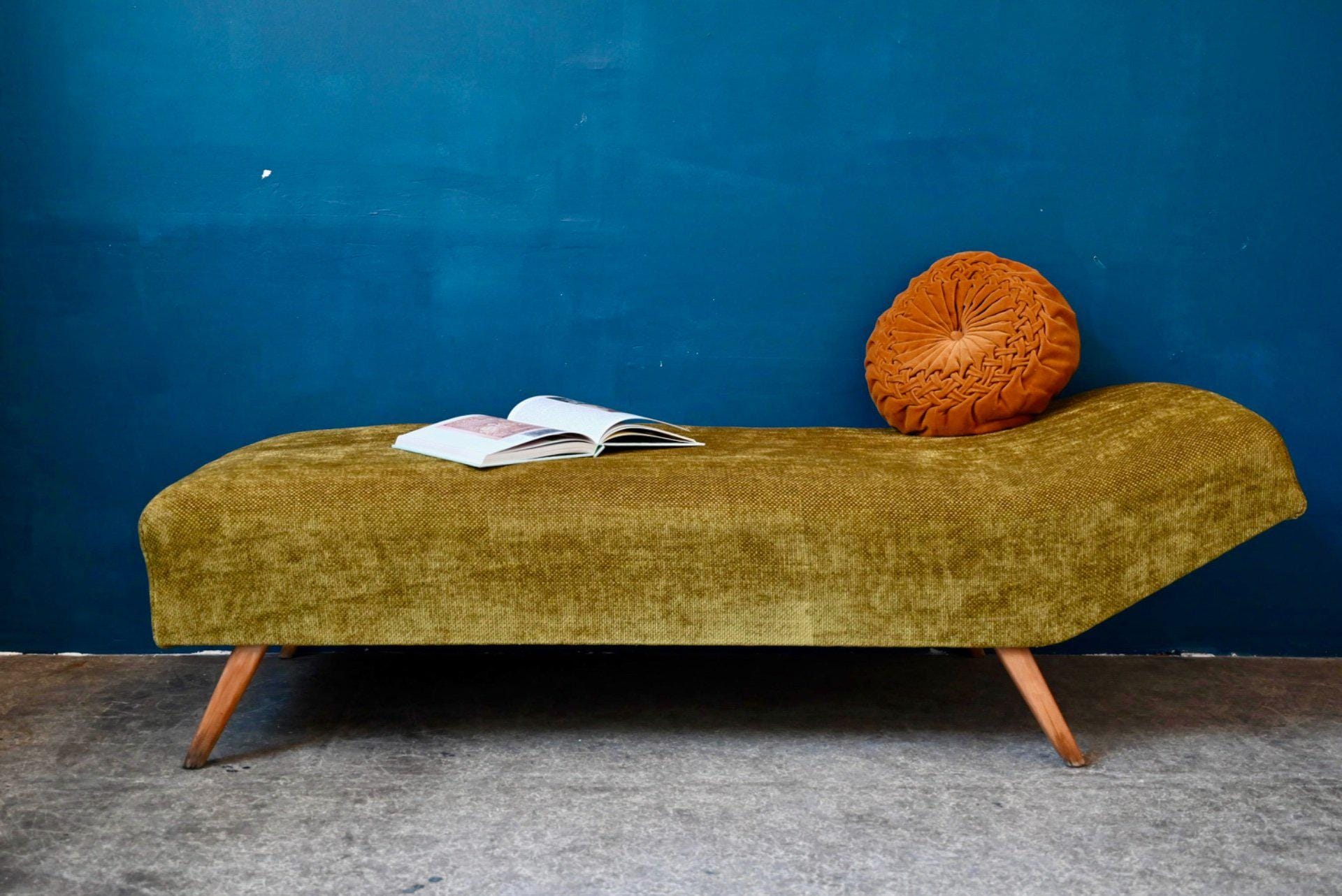 Daybed Méridienne Mid-Century Pieds Compas Velours Vert Olive 1950