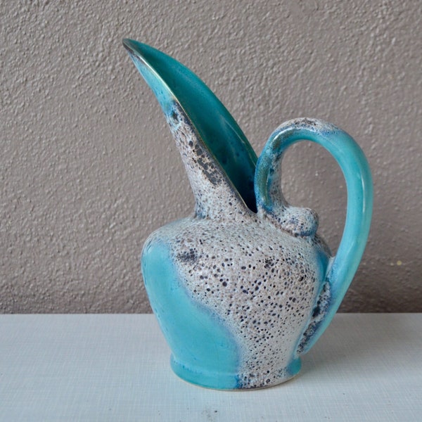 Blue pitcher with long spout seafoam enamel French style vintage boho