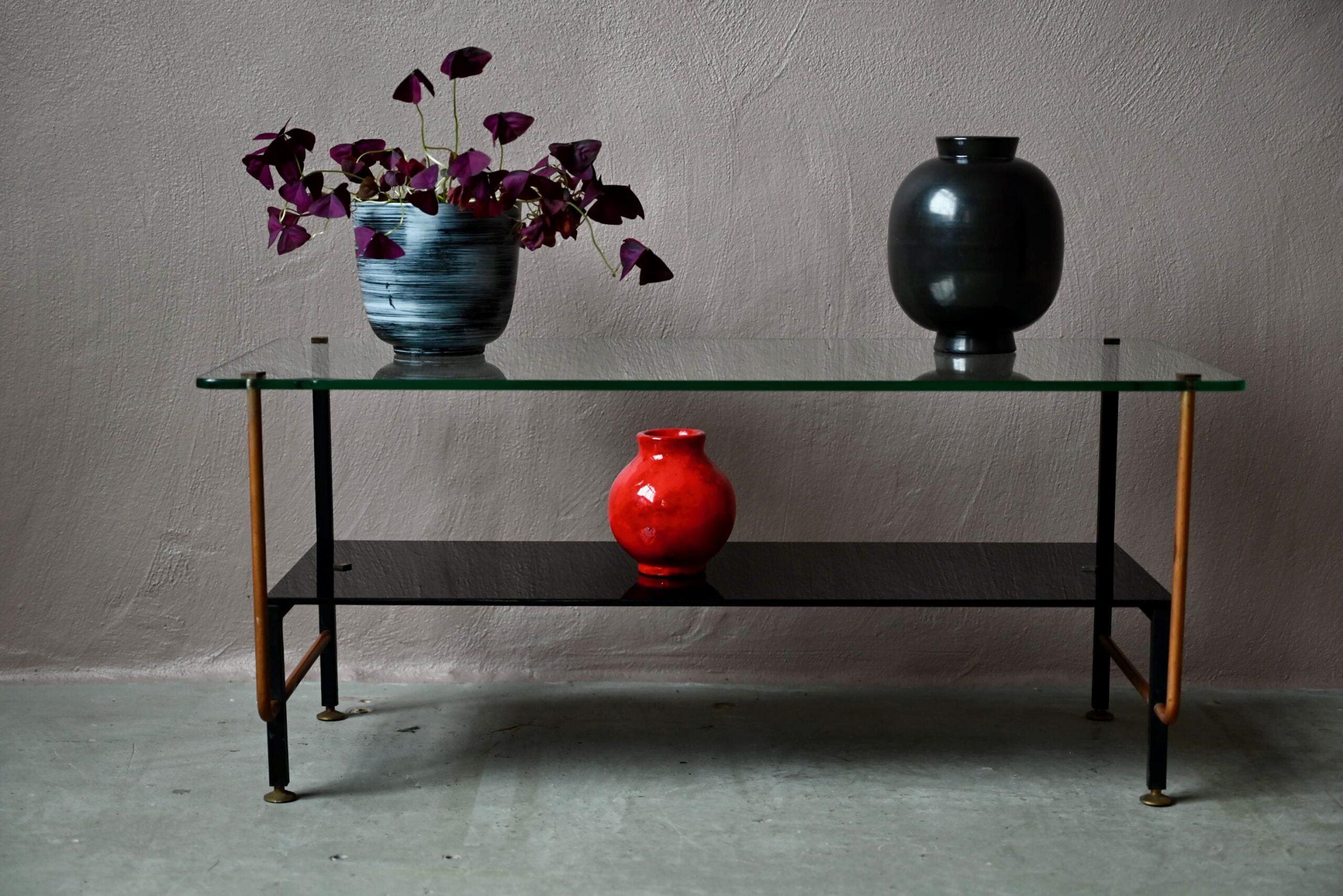 Table Basse En Verre Et Laiton Console Asymétrique Design Moderniste Vintage Noire Dorée France 1950