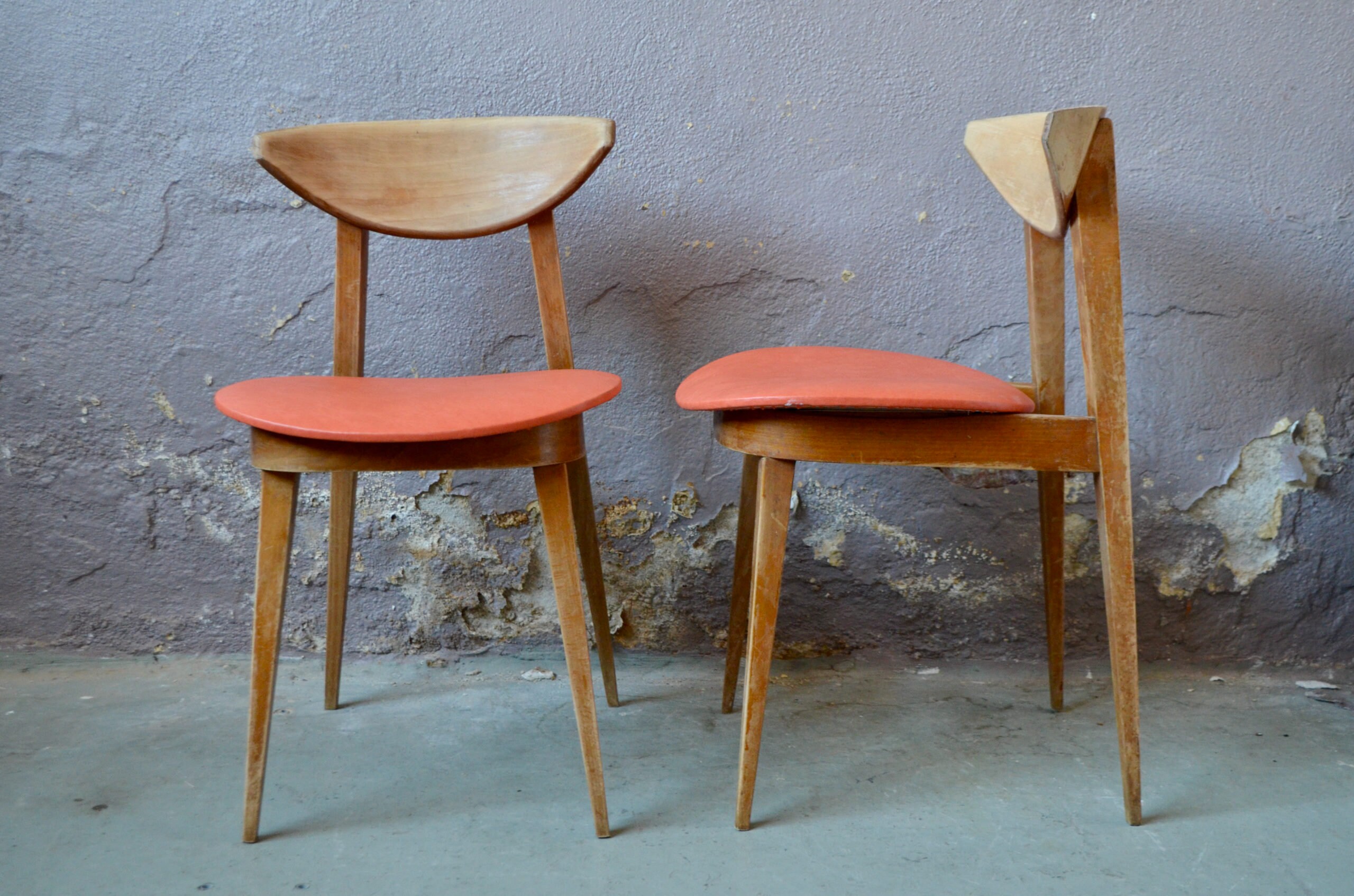 Lot Paire de 2 Chaises Vintage Scandinaves Bois et Simili Orange