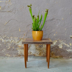 Può includere: Un piccolo tavolo quadrato in legno con quattro gambe si trova davanti a un muro grigio. Una pianta in vaso con foglie verdi e un vaso giallo si trova sul tavolo.