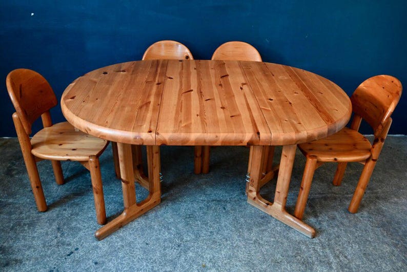 Solid pine dining set Round oval extendable table and 5 chairs Scandinavian mountain brutalist and vintage chic country design image 7