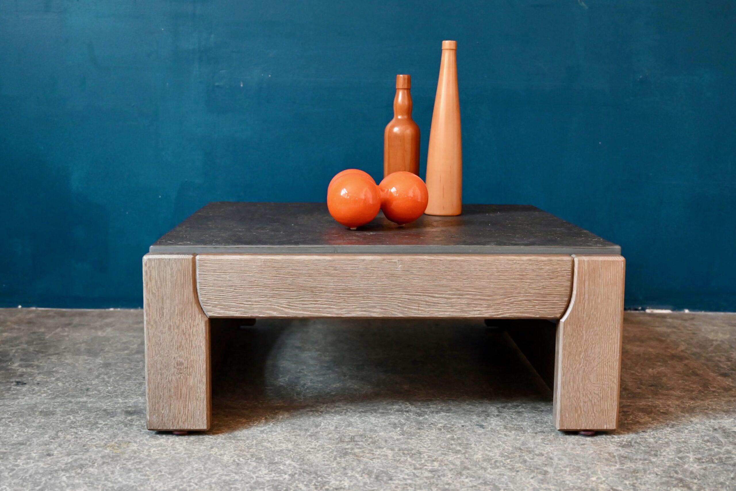 Table Basse Brutaliste En Bois Massif Et Ardoise Table De Salon Carrée Schiste Design Minimaliste Vintage Scandinave