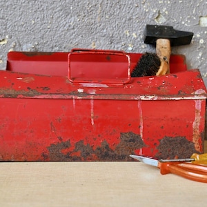 Old patinated blue metal toolbox garage industrial workshop factory decoration boho vintage French