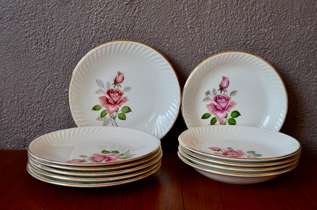 Anciennes Assiettes Porcelaine D.M&CIE GRIGNY - Décor Floral Bleu