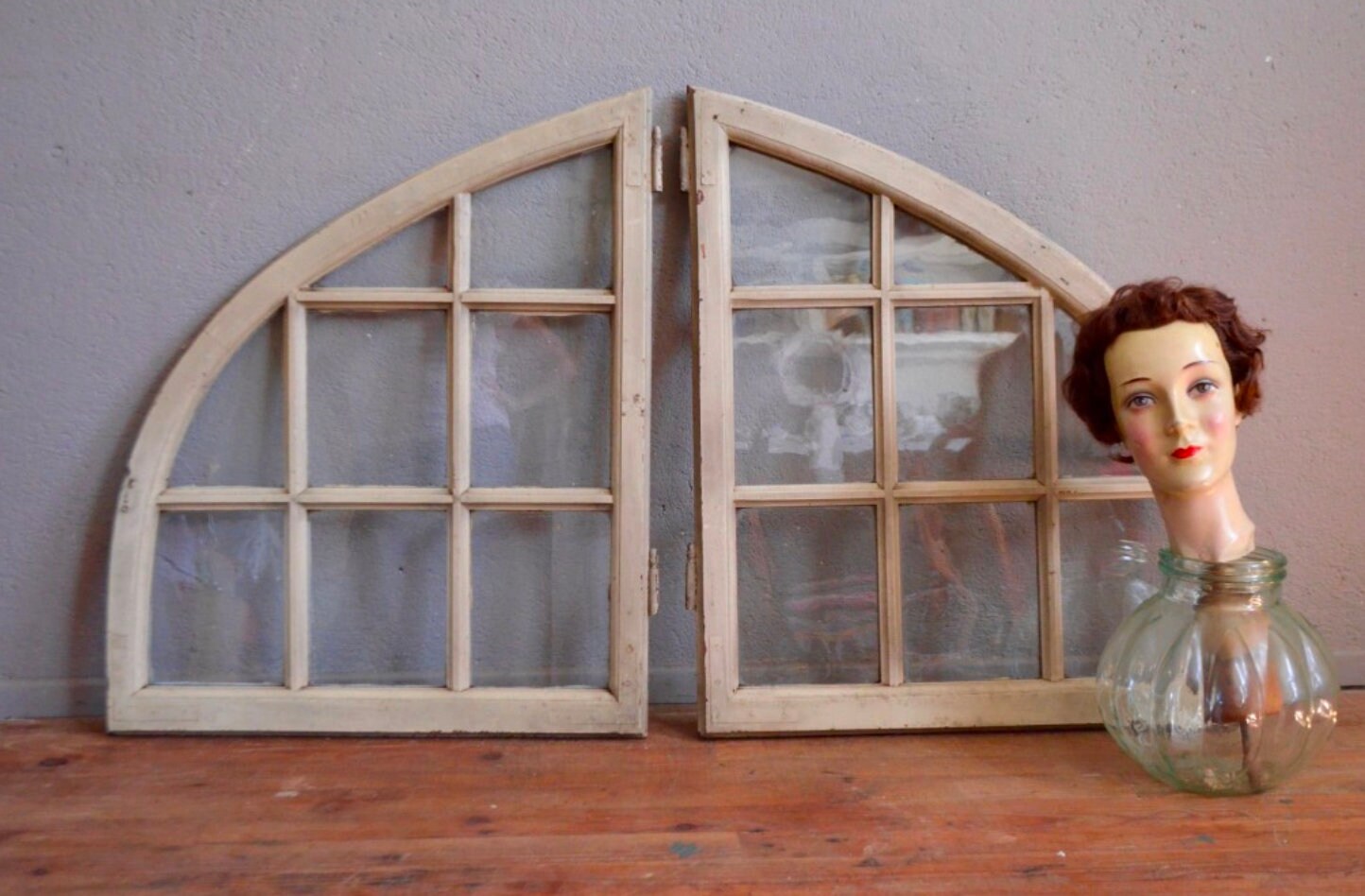 Fenêtres Paire Imposte Bois Anciennes Bohèmes Porche Récupération Vintage Voûte Quart de Rond Antic 