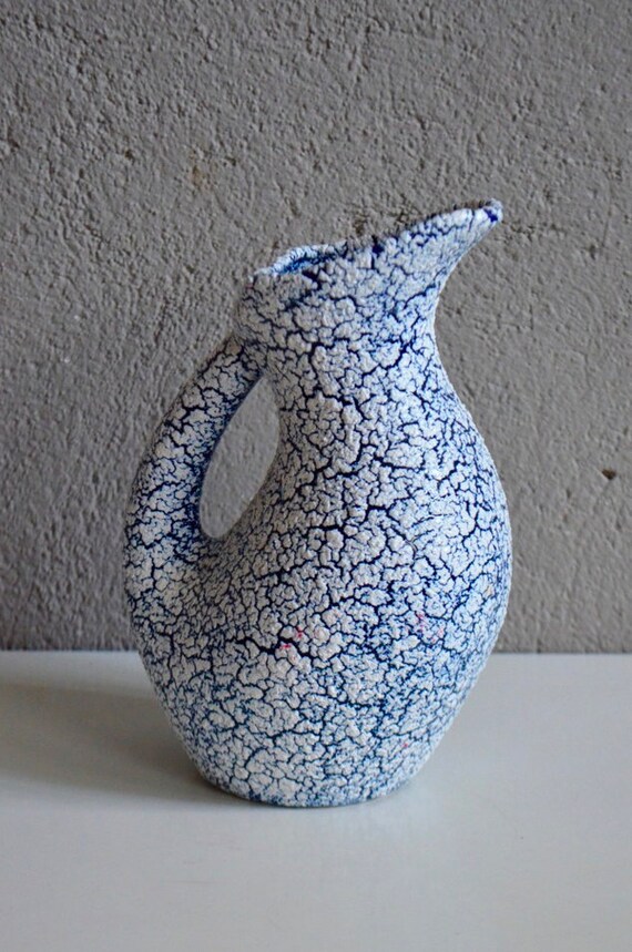 Vase with handle pitcher years 60 70 fat lava crackled ceramic decoration two tone blue white pitcher french deco flower jug german tar vase with handle pitcher years 60 70 fat