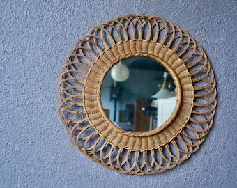 Miroir soleil rond en rotin vintage et bohème style Français