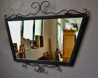 Large trapezoidal wall mirror Art Deco 1930 wrought iron vintage style boho Paris and shabby chic