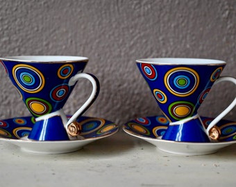 Pairs of multicolored ceramic coffee cups design 1980 Memphis spirit Italy