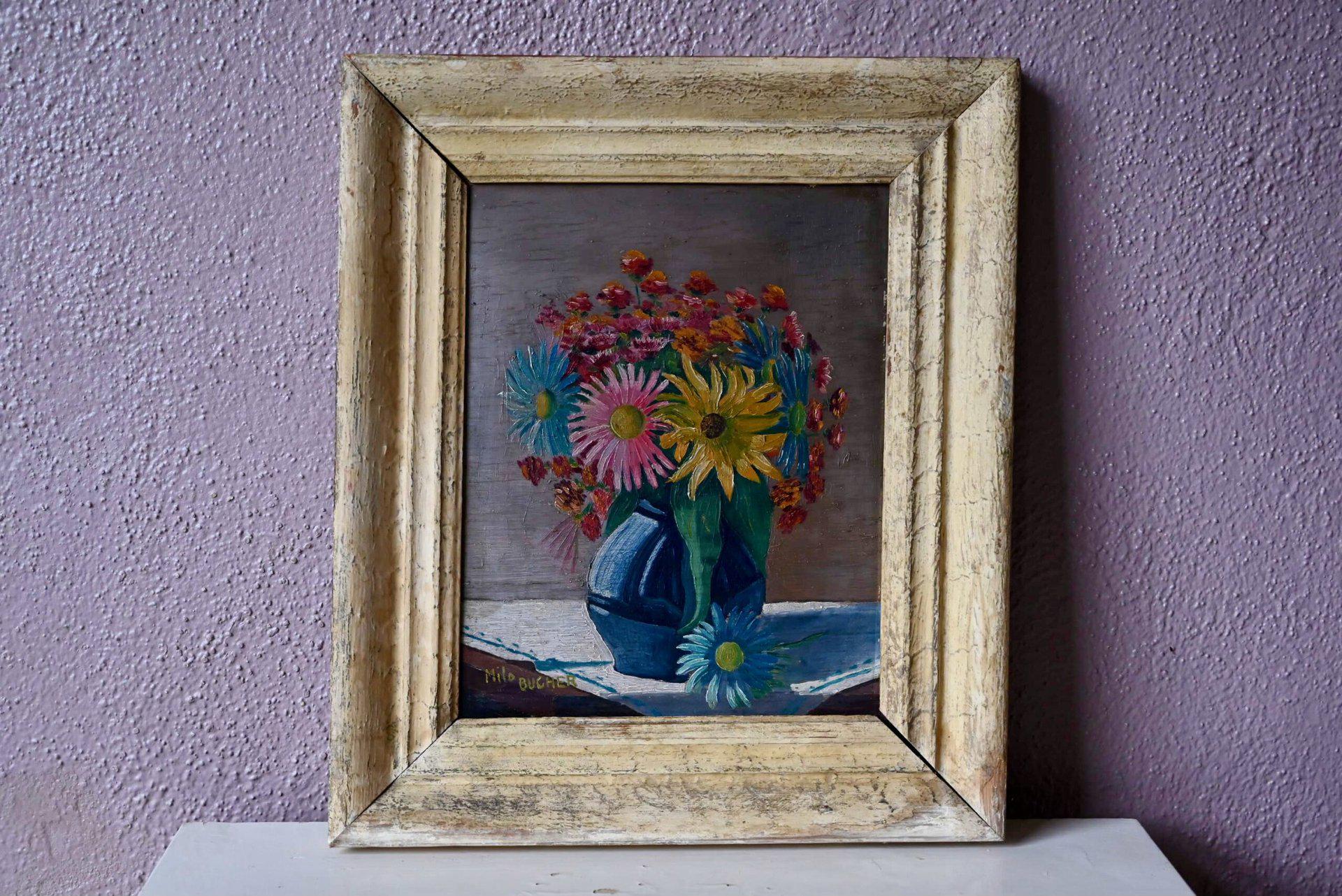Tableau Ancien Huile Sur Toile Bouquet De Lilas Signé Perrier – 38x48 Cm – Nature Morte