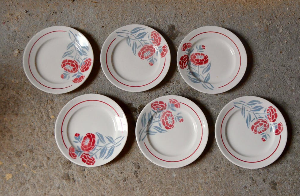 Assiettes Plates Série Lot de 6 Vintage Art Déco Fleurs Bicolore Faïencerie Nouvelle Givors France S