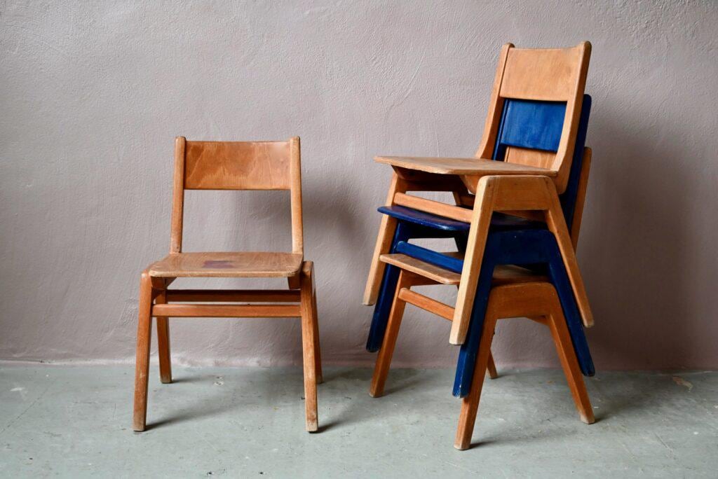 Vintage wooden children's chair with compass legs, old Scandinavian style