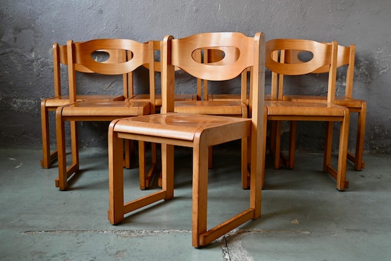 Lot de Chaises 4 ou 8  vintage scandinave "œil" en bois empilables aux pieds compas pour bistrot cuisine restaurant open space...