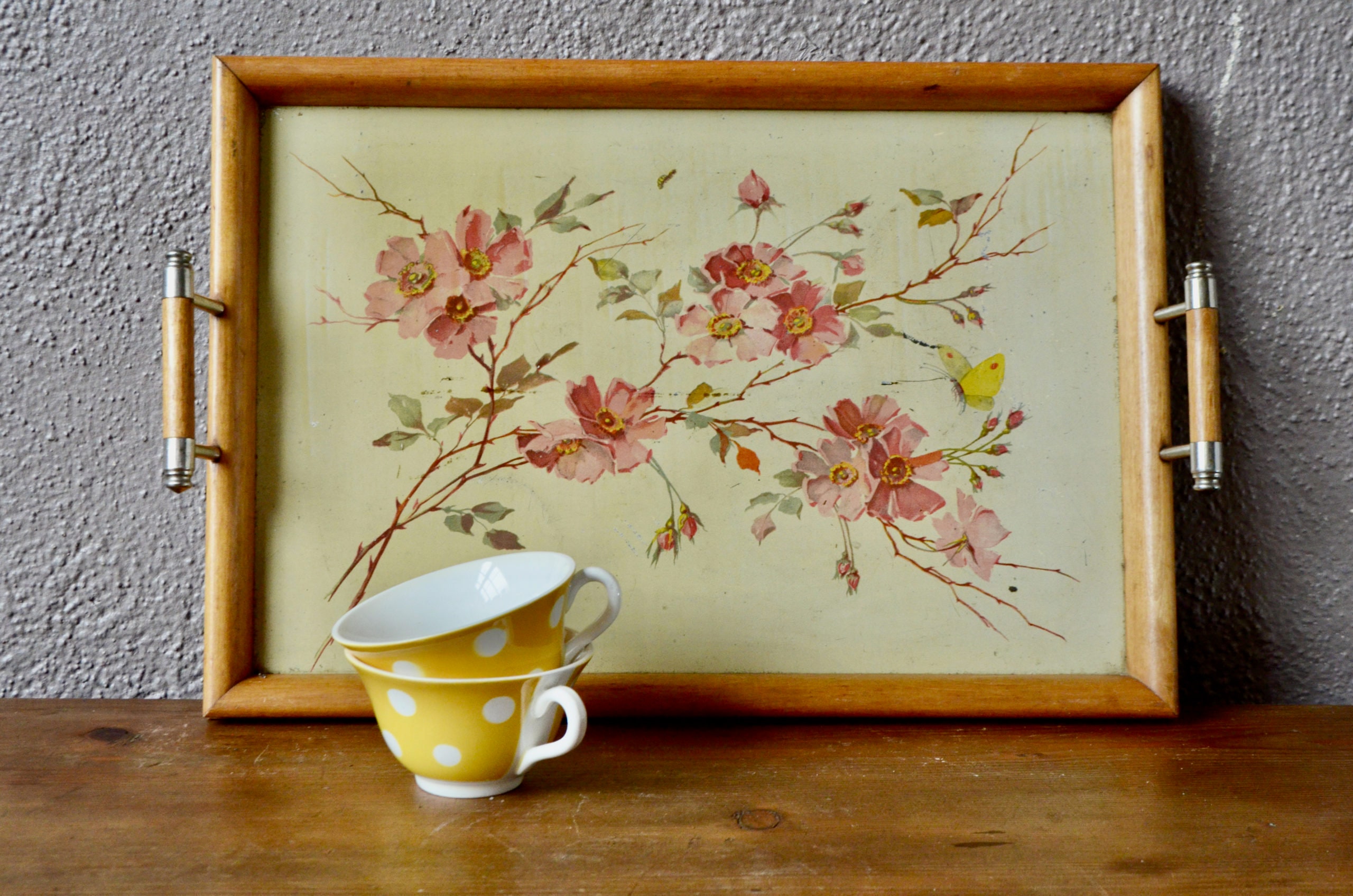 Plateau de Service Ancien et Vintage Style Bohème Campagne Chic France 1950