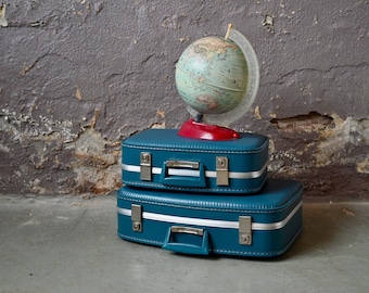 Set mit 2 alten blauen Vintage-Koffer, Boho-Reisedekoration