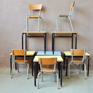 Vintage school desk and chair for children, yellow or blue