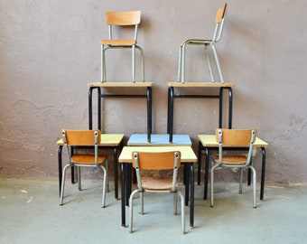 Vintage school desk and chair for children, yellow or blue