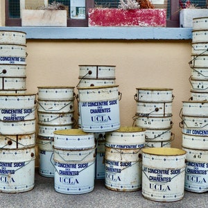 Antique metal bucket UCLA boho vintage and industrial style old lot possible for trash bin storage or decoration