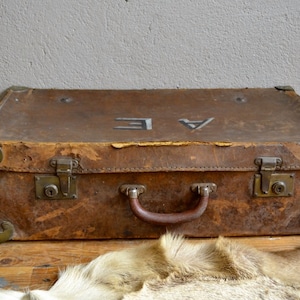 Vintage retro leather suitcase 40s boho rustic wabi sabi decoration flea market stickers antique French leather trunk suitcase