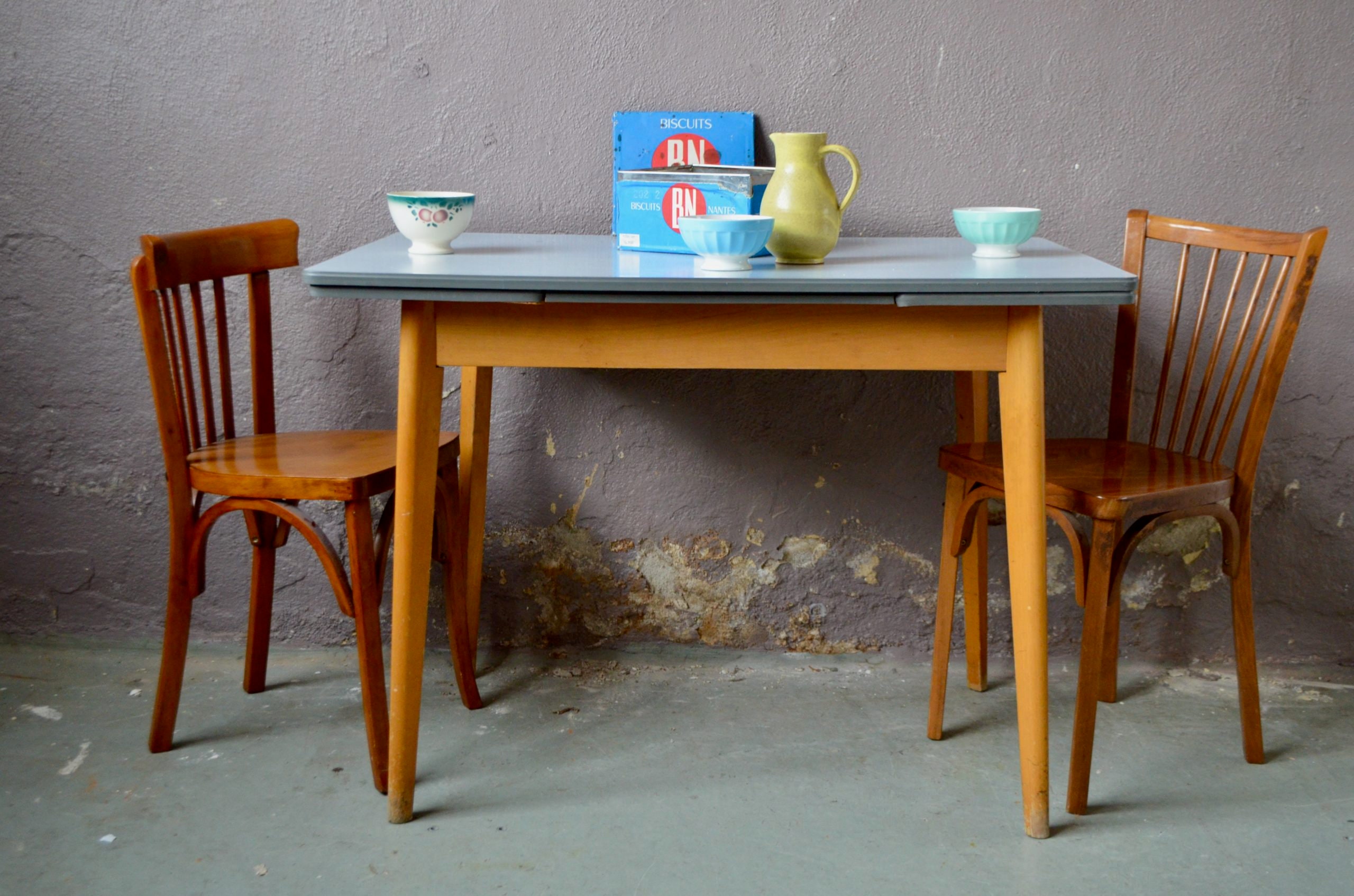 Table de Cuisine Vintage ou Bureau Pieds Compas Aux Rallonges Intégrées