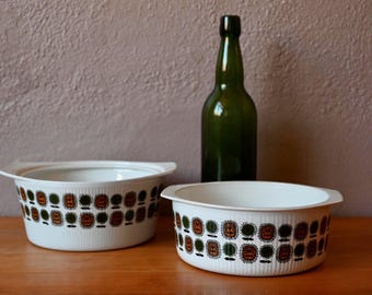 Coppia di casseruole in porcellana Digoin Sarreguemines, adatte al forno, con decorazione floreale anni '70.