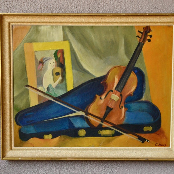 Nature morte au violon C. Noël Tableau peinture vintage