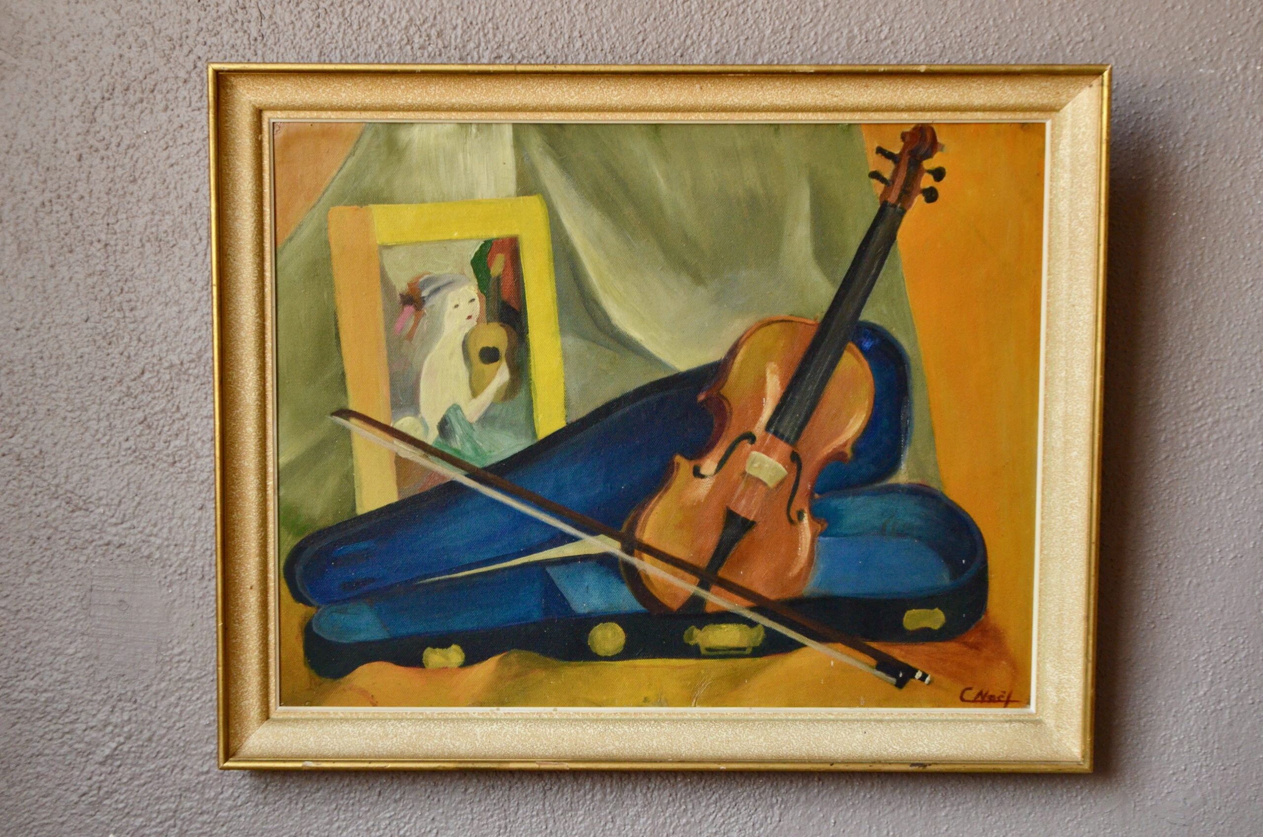 Nature Morte Au Violon C. Noël Tableau Peinture Vintage