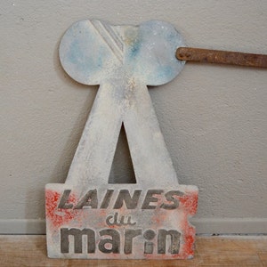 Sign panel enamelled plaque sign advertising poster Laines du Marin 1940 patina indus french advertising french deco midcentury