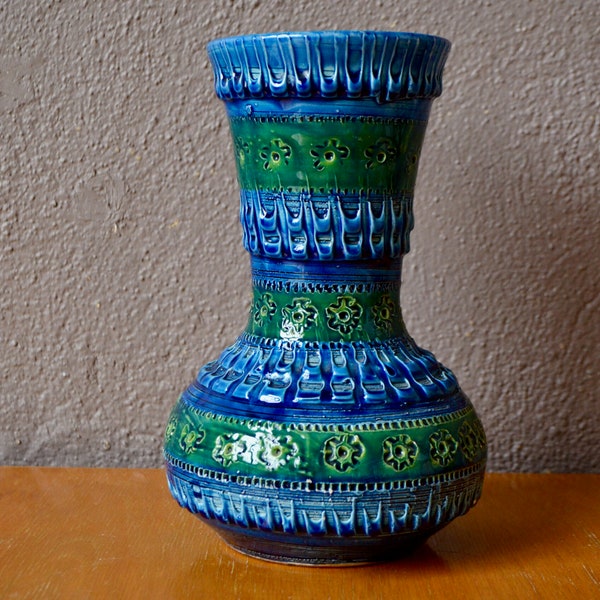 Blue-green vase by Bitossi in green ceramic, artisanal and Italian boho spirit