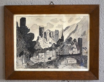 May include: A framed black and white ink drawing of a medieval village nestled in a valley. The drawing depicts a castle on a hilltop with a bridge crossing a river in the foreground.