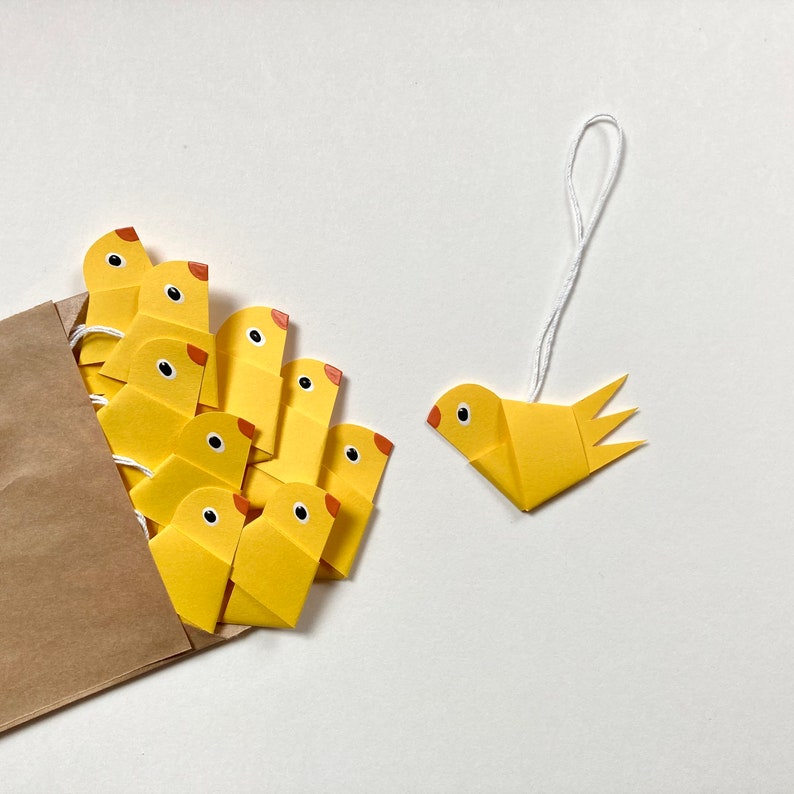 Set of 10 small paper birds in yellow / decorative pendants for spring / Easter decorations image 1