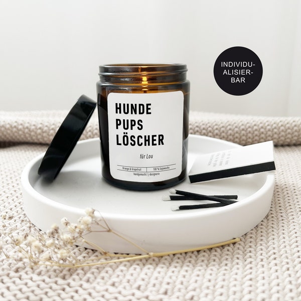 Kerze im Glas mit Hunde-Spruch "Hundepups" personalisierte für Hundebesitzer als Geschenk // Hundehalter u. Hundeliebhaber Hundefurz Löscher