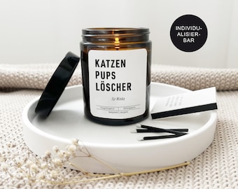 Lustige Kerze im Glas Katzen-Spruch "Katzenpups" personalisierte für Katzenbesitzer als Geschenk // Katzenhalter Katzenfurz Löscher