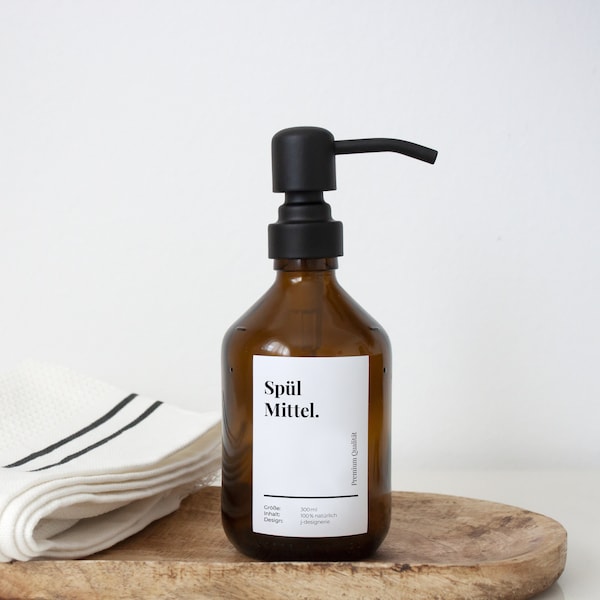 Glass soap dispenser "Dish soap" for the kitchen – dispenser bottle made of apothecary glass in brown – pump bottle