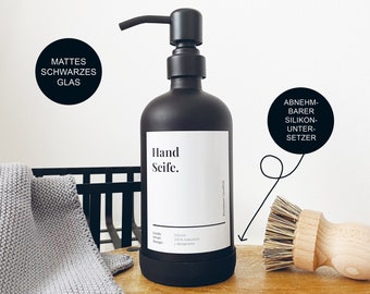 Seifenspender aus Glas in Schwarz Matt für die Küche – Spenderflasche aus Apothekerglas – Pumpflasche für Handseife / Spülmittel