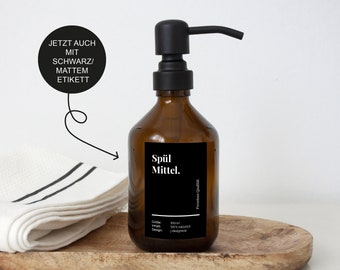 Soap dispenser glass brown "dishwashing liquid" with black matt label - refillable apothecary bottle for the kitchen - dispenser bottle - sustainable