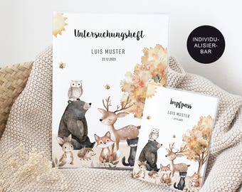 U-Heft Hülle und Impfpass personalisiert "Waldtiere" – Geschenk Geburt Mädchen/Junge und Neugeborenes – Schutzhülle Untersuchungsheft
